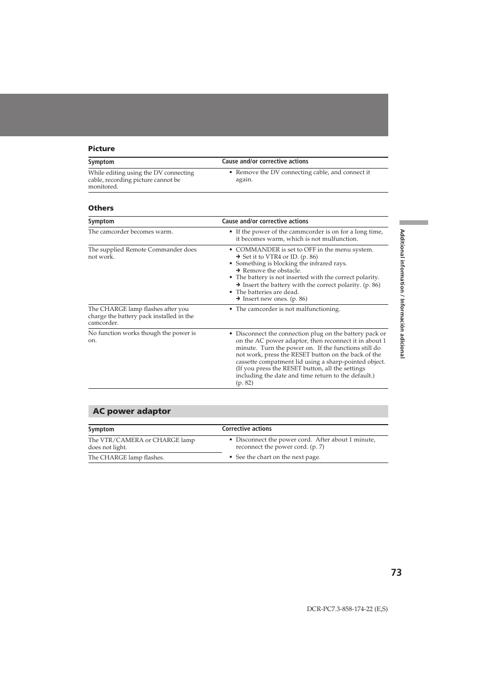 Ac power adaptor | Sony DCR-PC7 User Manual | Page 73 / 92