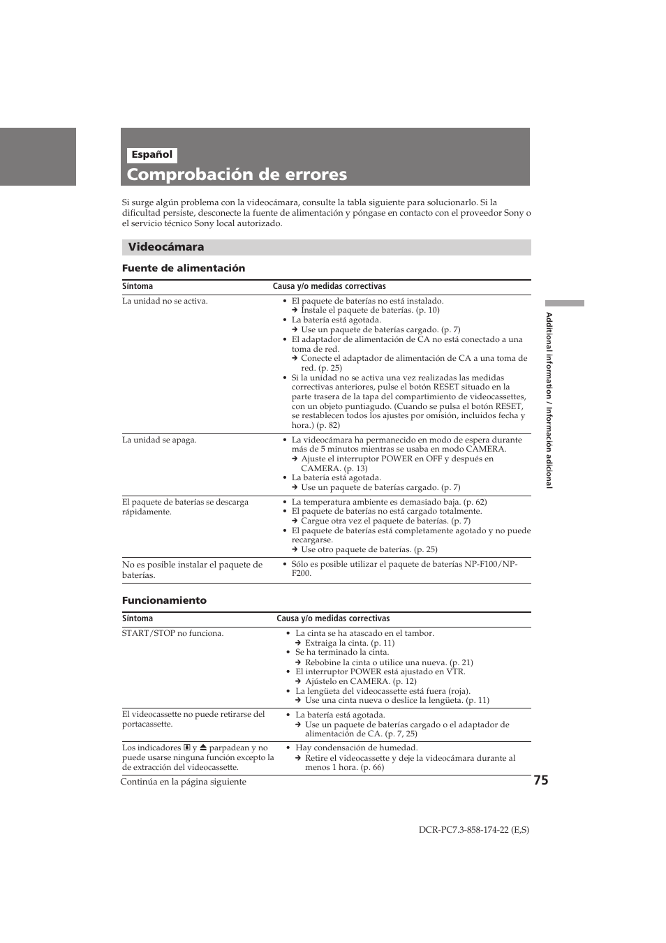 Comprobación de errores, Videocámara | Sony DCR-PC7 User Manual | Page 75 / 92