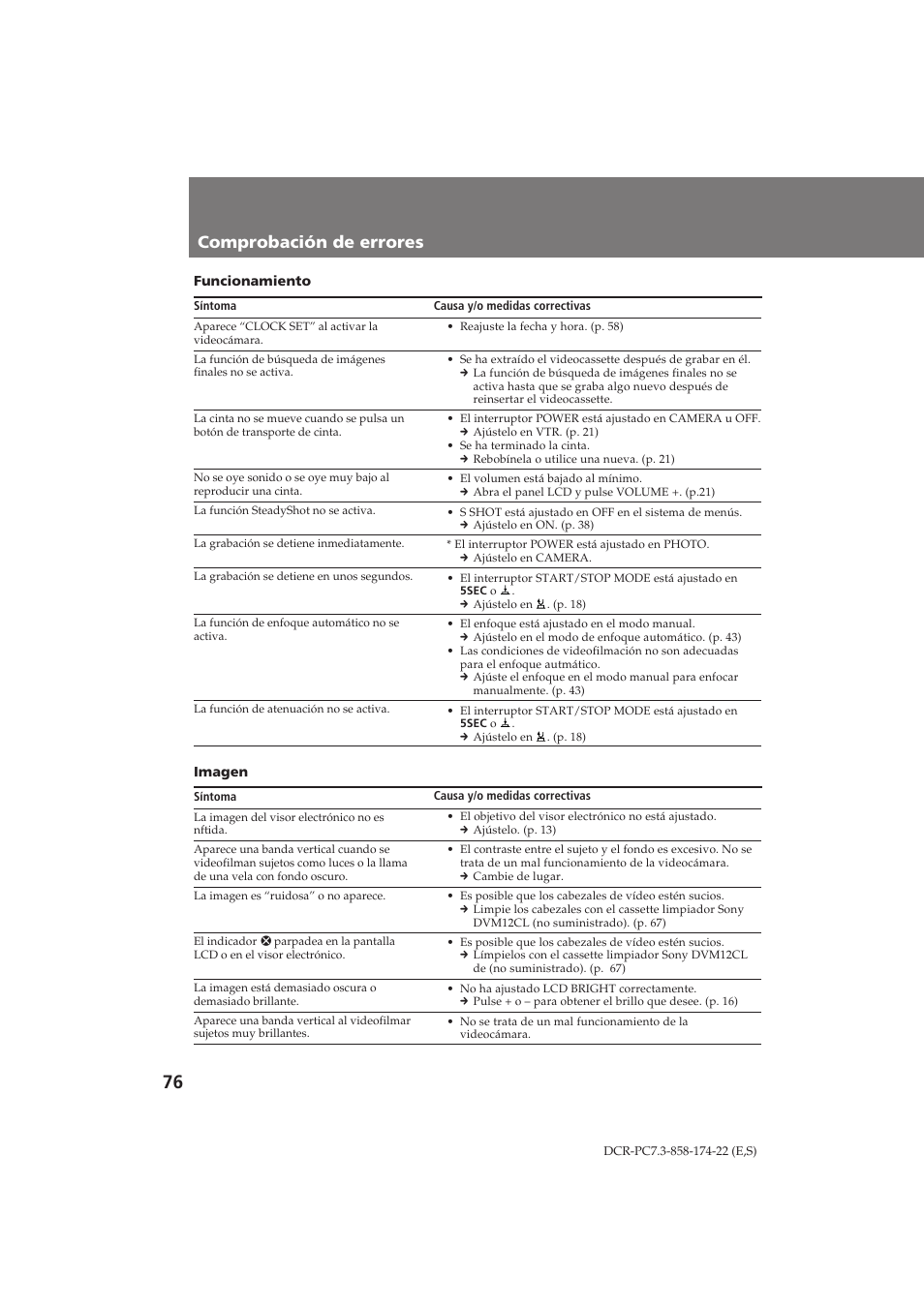 Comprobación de errores | Sony DCR-PC7 User Manual | Page 76 / 92