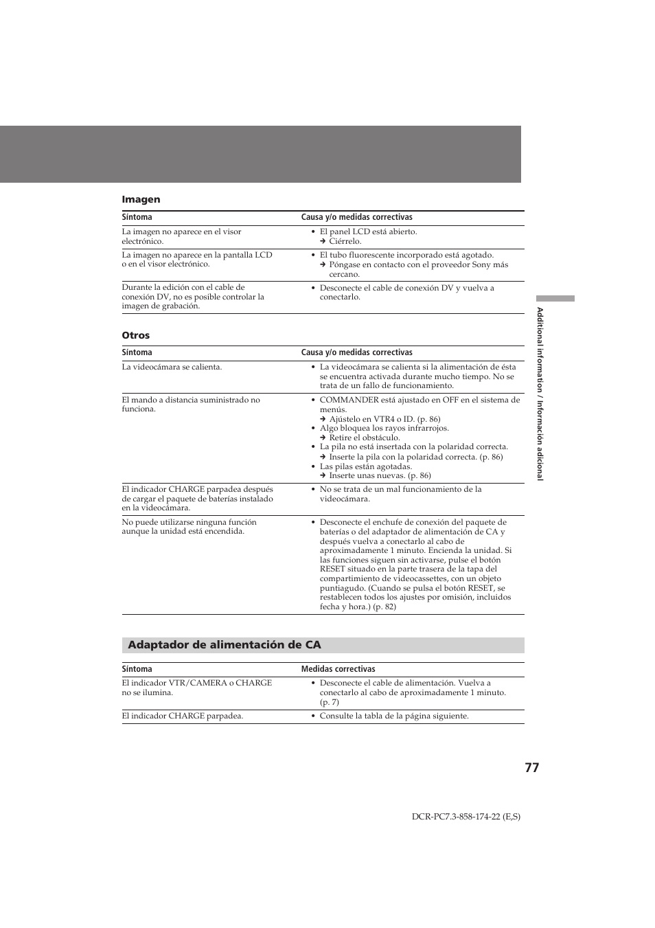 Adaptador de alimentación de ca | Sony DCR-PC7 User Manual | Page 77 / 92