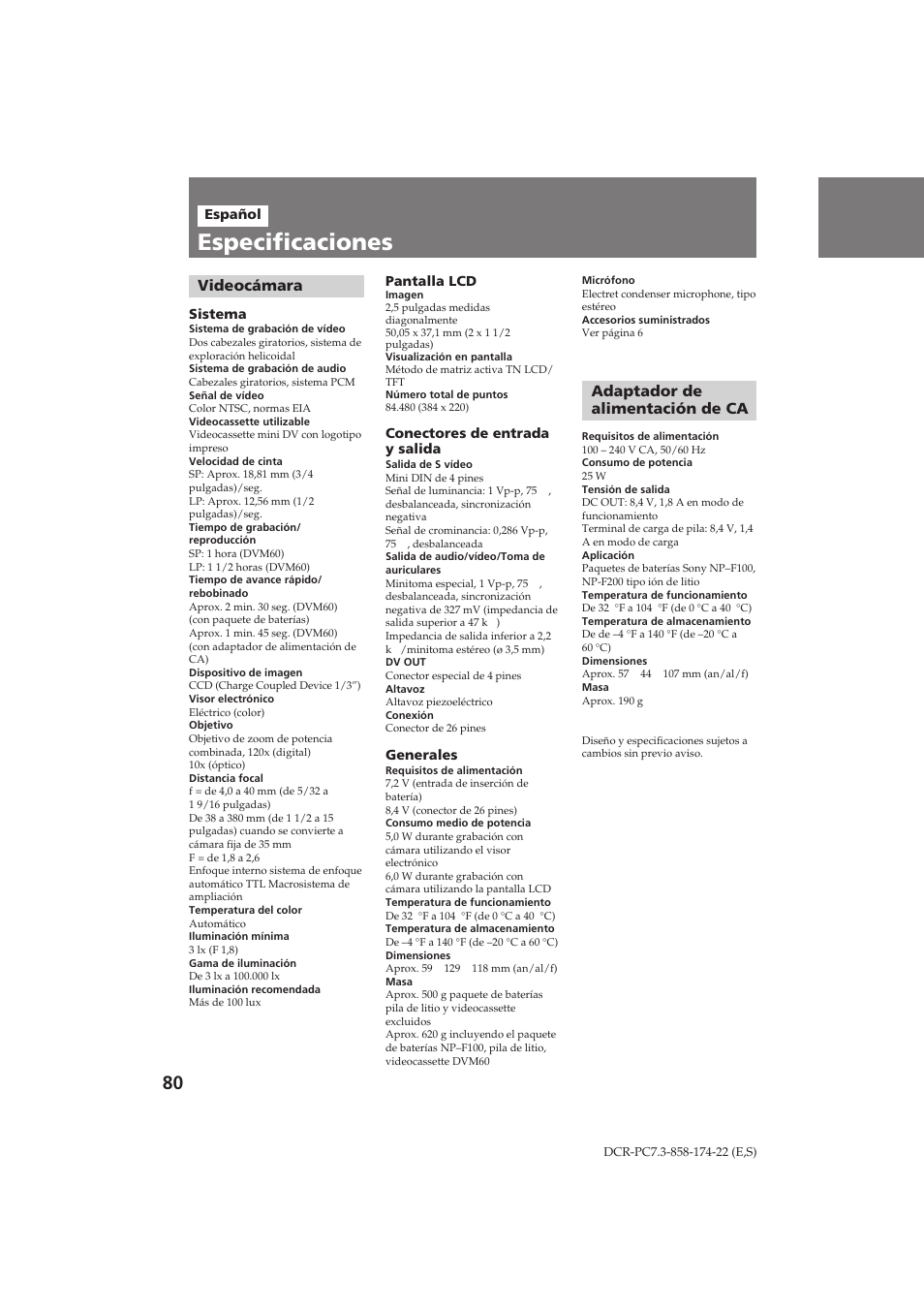 Especificaciones, Adaptador de alimentación de ca, Videocámara | Sony DCR-PC7 User Manual | Page 80 / 92