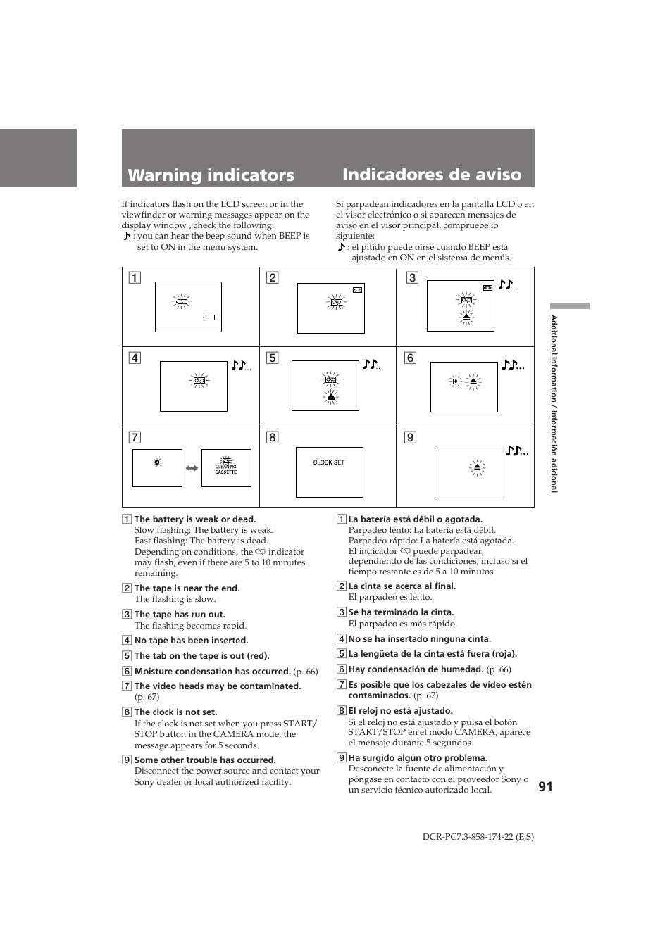 Indicadores de aviso warning indicators | Sony DCR-PC7 User Manual | Page 91 / 92
