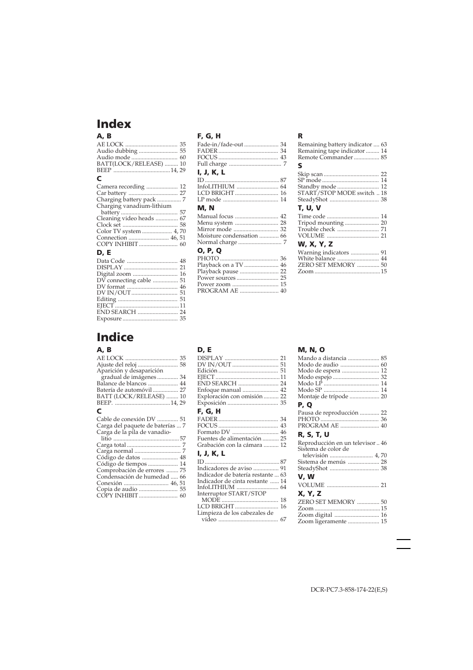 Indice, Index | Sony DCR-PC7 User Manual | Page 92 / 92