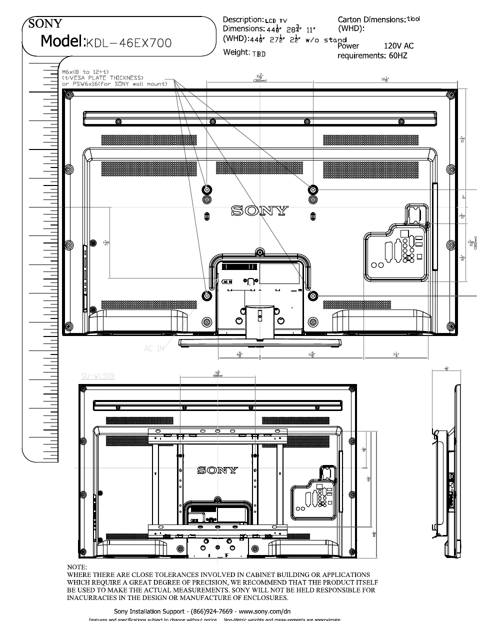 Sony, Model :kdl-46ex7oo, Model | Sony KDL-46EX700 User Manual | Page 2 / 3