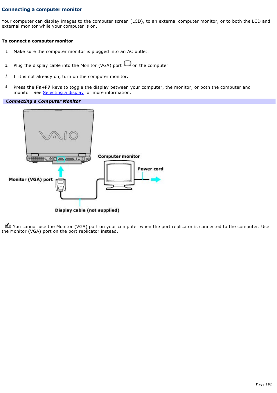 Connecting a computer monitor | Sony PCG-GRX700K User Manual | Page 102 / 212