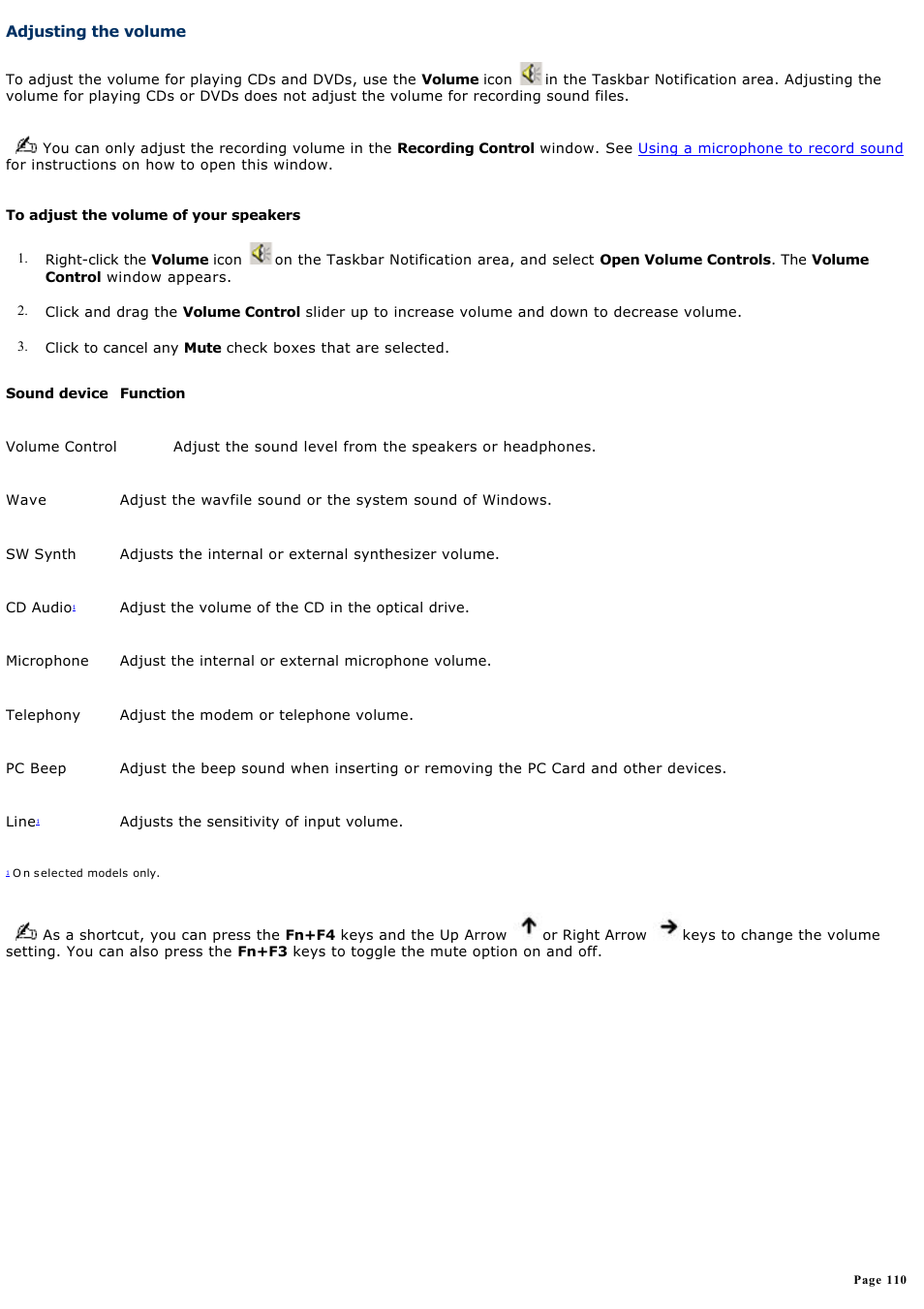 Adjusting the volume | Sony PCG-GRX700K User Manual | Page 110 / 212