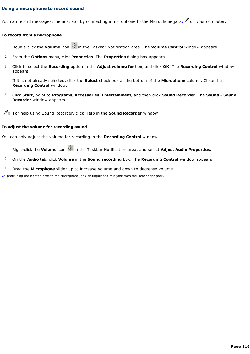 Using a microphone to record sound | Sony PCG-GRX700K User Manual | Page 116 / 212