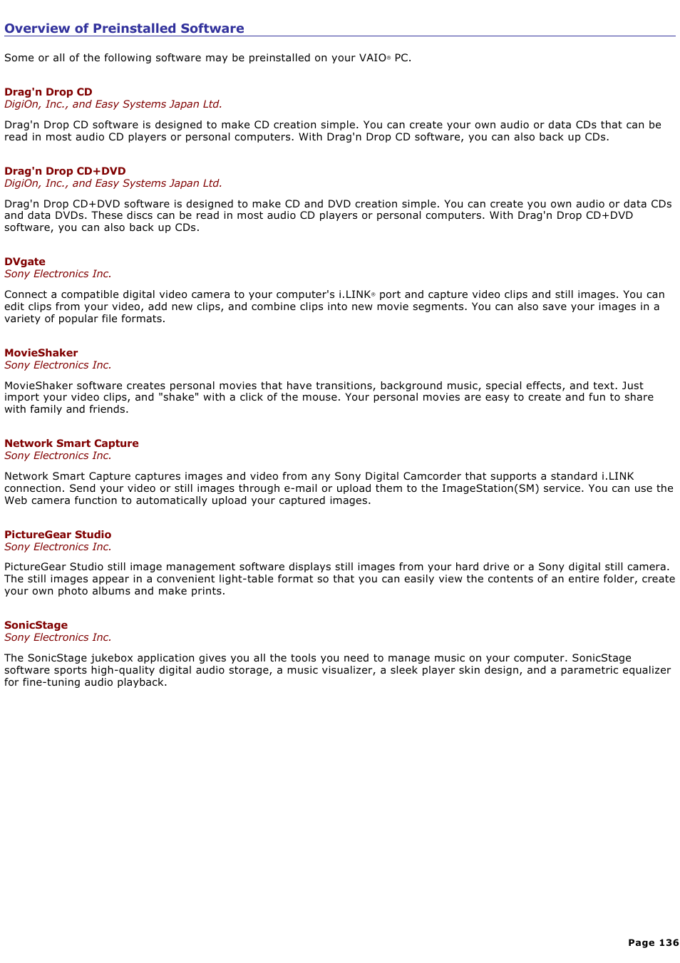 Overview of preinstalled software | Sony PCG-GRX700K User Manual | Page 136 / 212