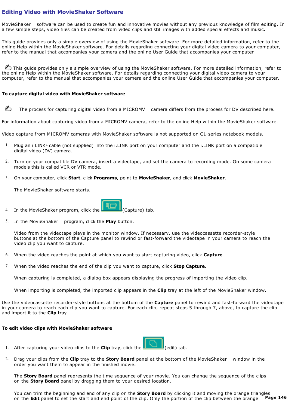 Editing video with movieshaker software | Sony PCG-GRX700K User Manual | Page 146 / 212