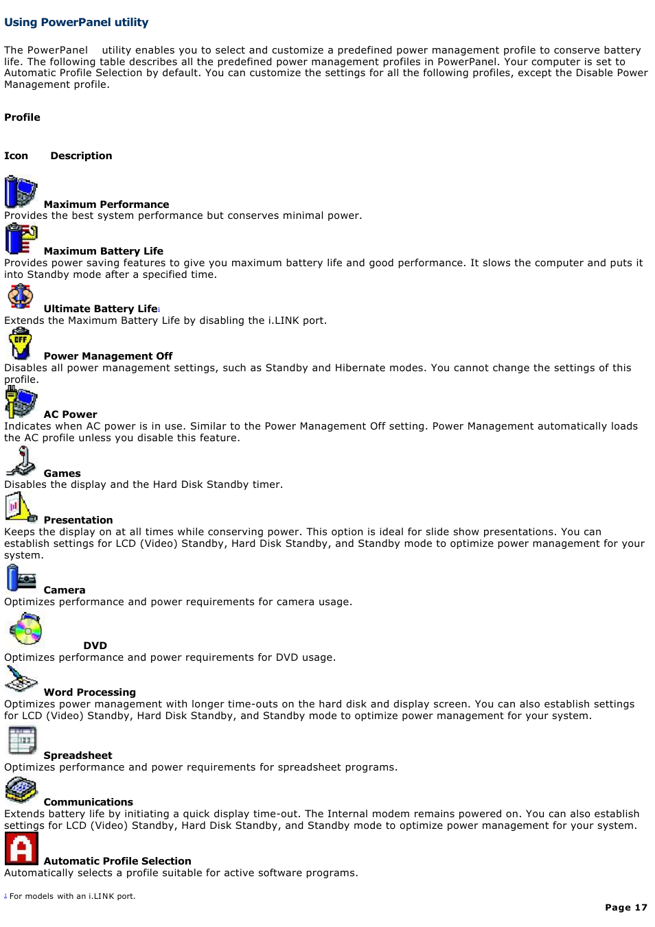 Using powerpanel utility | Sony PCG-GRX700K User Manual | Page 17 / 212