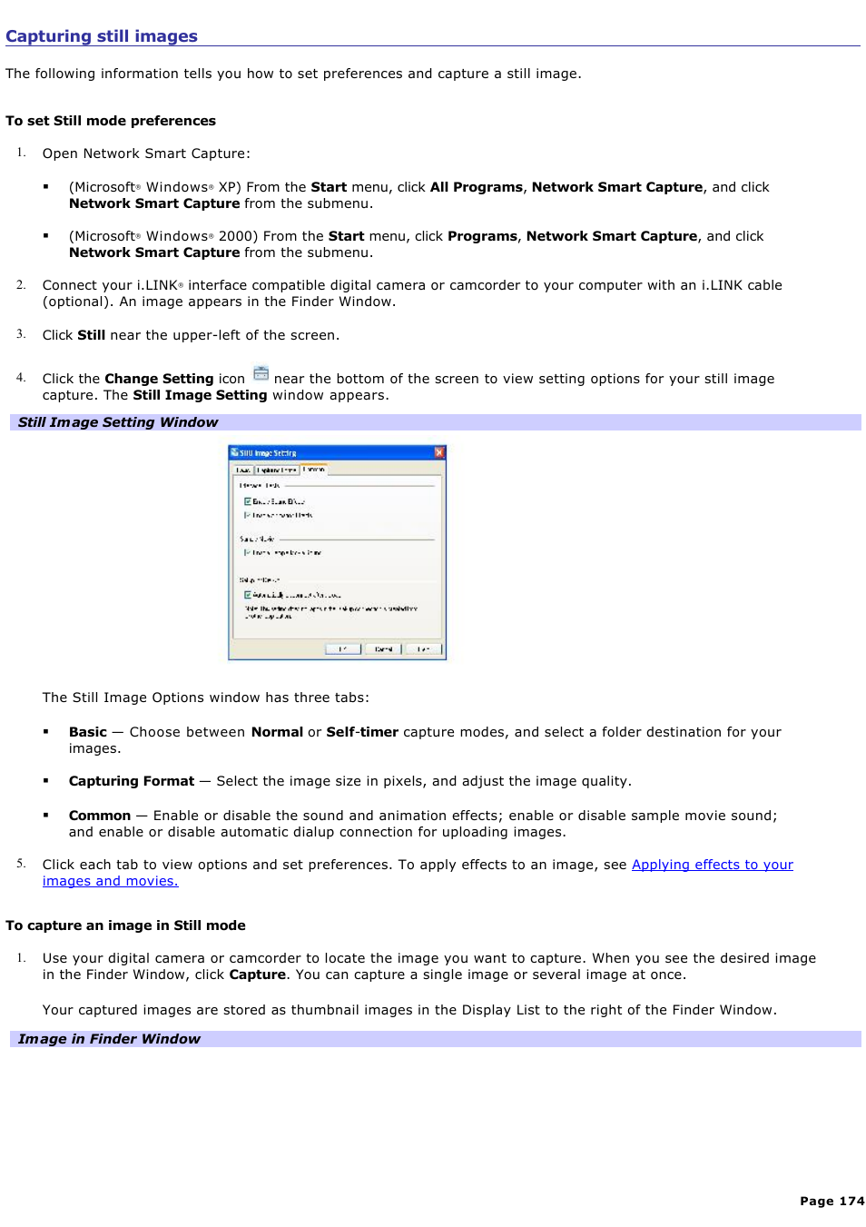 Capturing still images | Sony PCG-GRX700K User Manual | Page 174 / 212