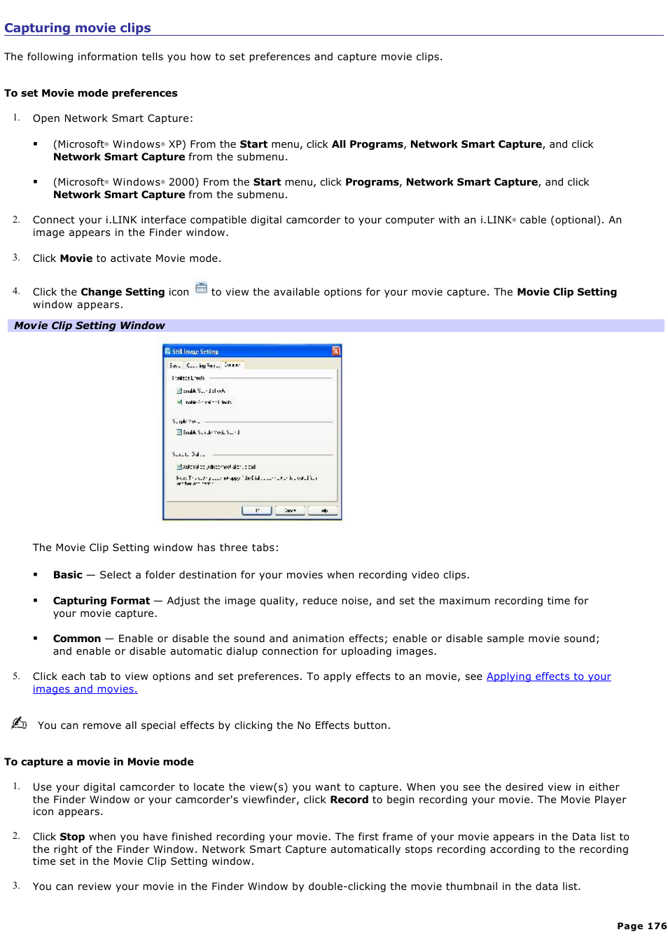 Capturing movie clips | Sony PCG-GRX700K User Manual | Page 176 / 212