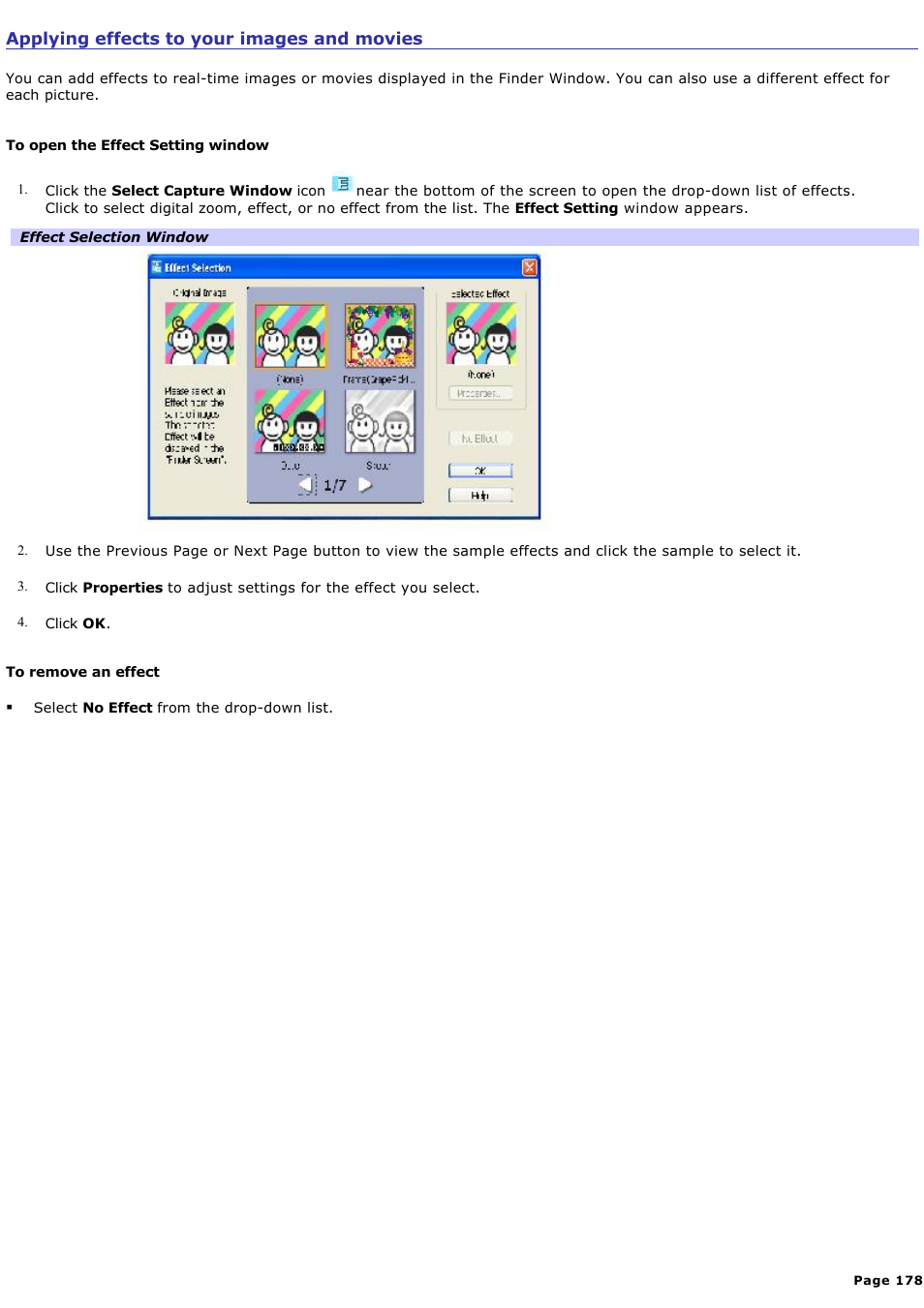 Applying effects to your images and movies | Sony PCG-GRX700K User Manual | Page 178 / 212