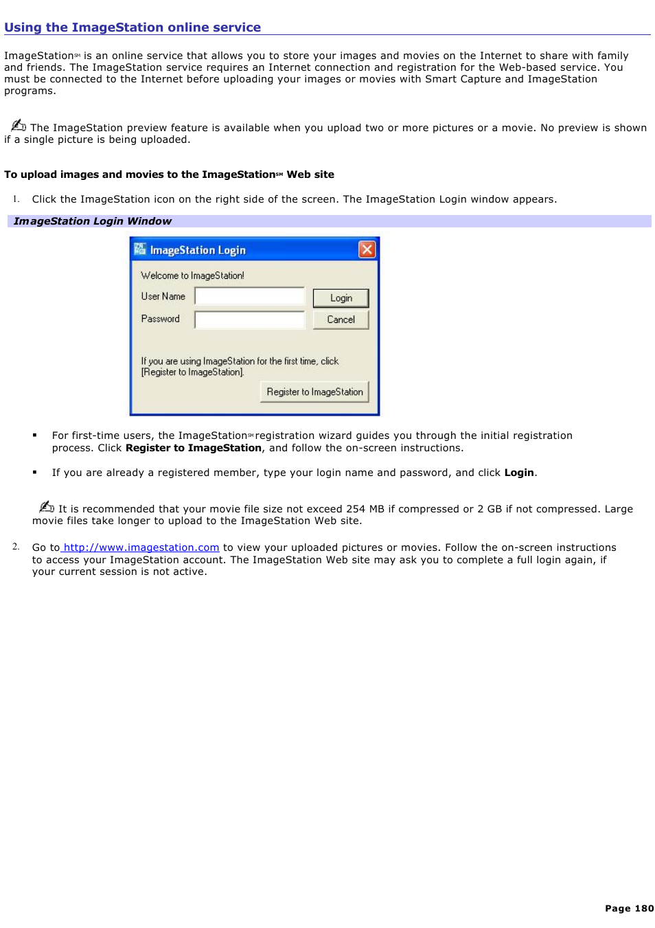 Using the imagestation online service, Using, The imagestation online service | Sony PCG-GRX700K User Manual | Page 180 / 212