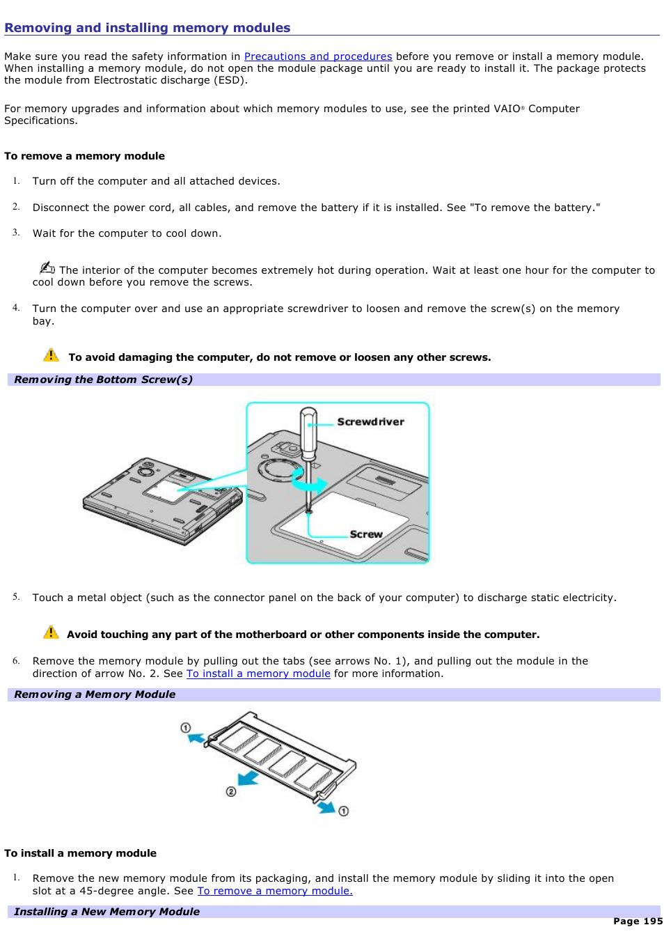 Removing and installing memory modules | Sony PCG-GRX700K User Manual | Page 195 / 212