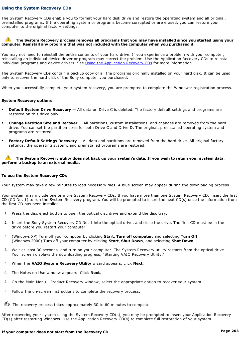 Using the system recovery cds | Sony PCG-GRX700K User Manual | Page 203 / 212