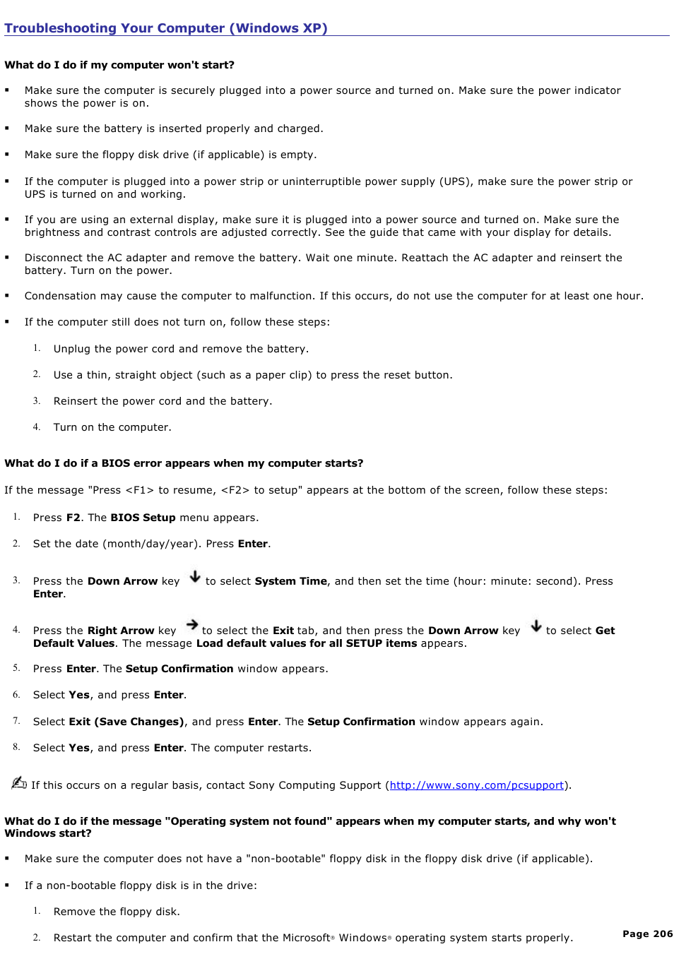 Troubleshooting your computer (windows xp) | Sony PCG-GRX700K User Manual | Page 206 / 212