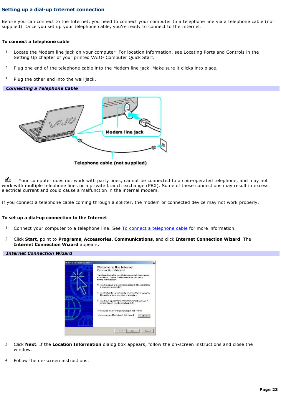 Setting up a dial-up internet connection | Sony PCG-GRX700K User Manual | Page 23 / 212