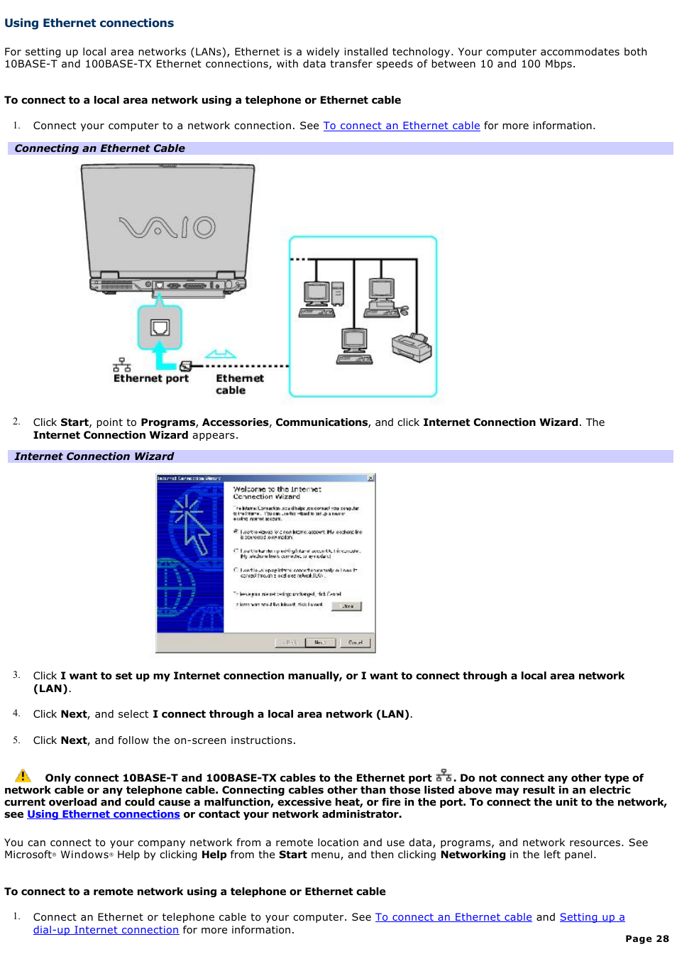 Using ethernet connections | Sony PCG-GRX700K User Manual | Page 28 / 212