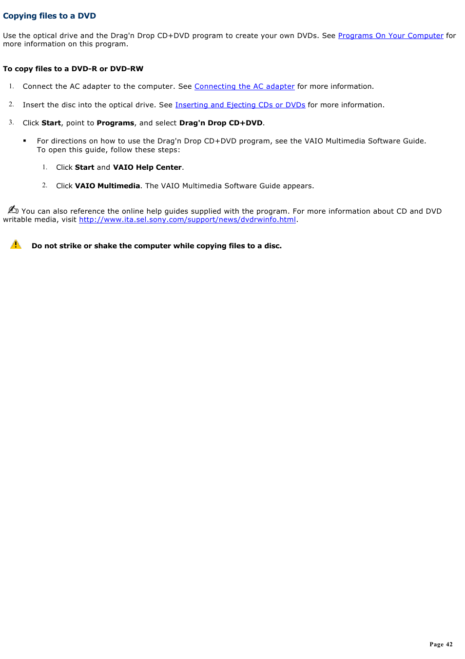 Copying files to a dvd | Sony PCG-GRX700K User Manual | Page 42 / 212