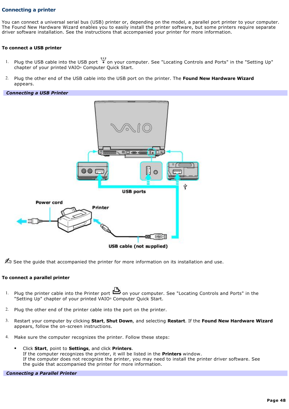 Connecting a printer | Sony PCG-GRX700K User Manual | Page 48 / 212