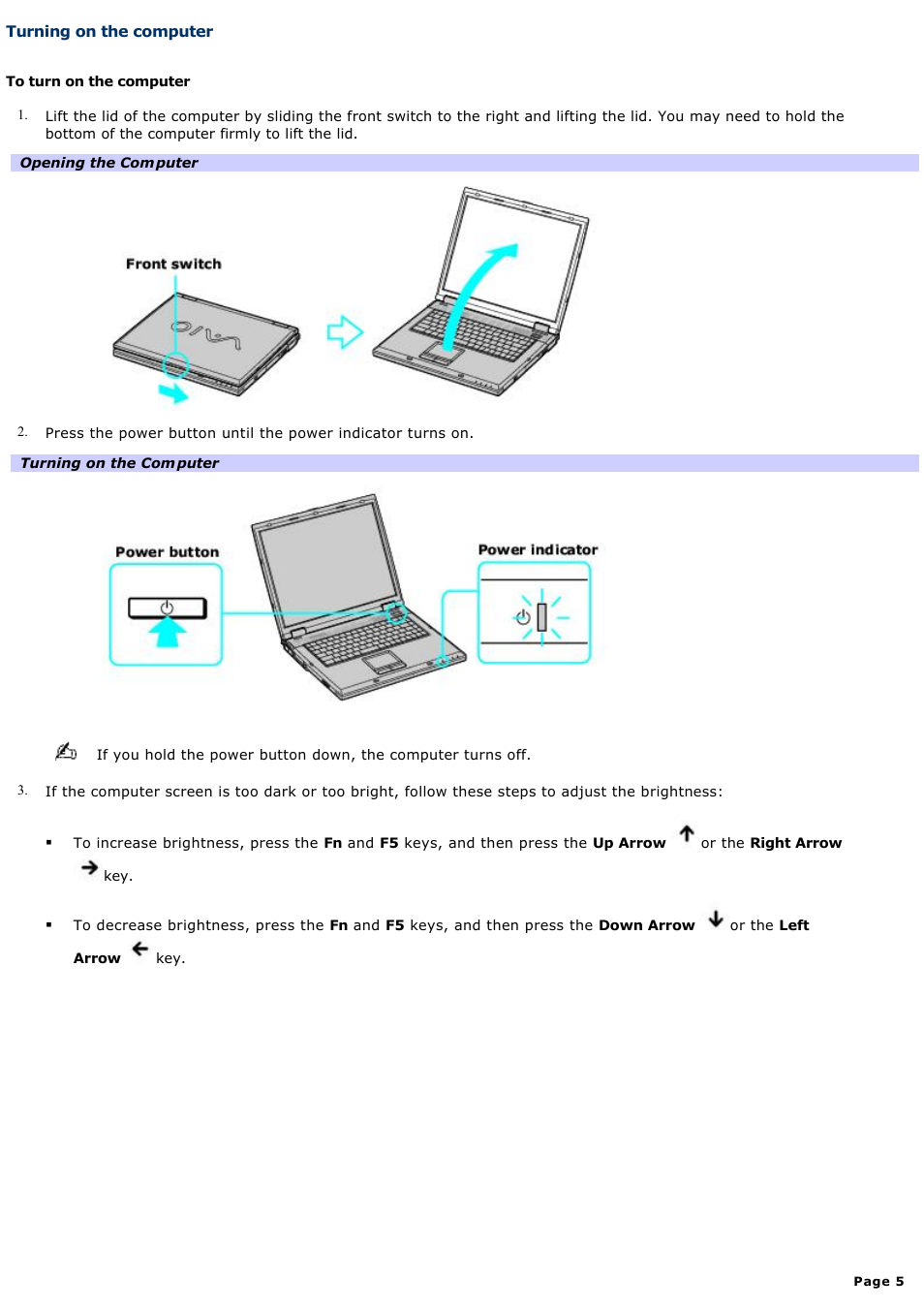 Turning on the computer | Sony PCG-GRX700K User Manual | Page 5 / 212