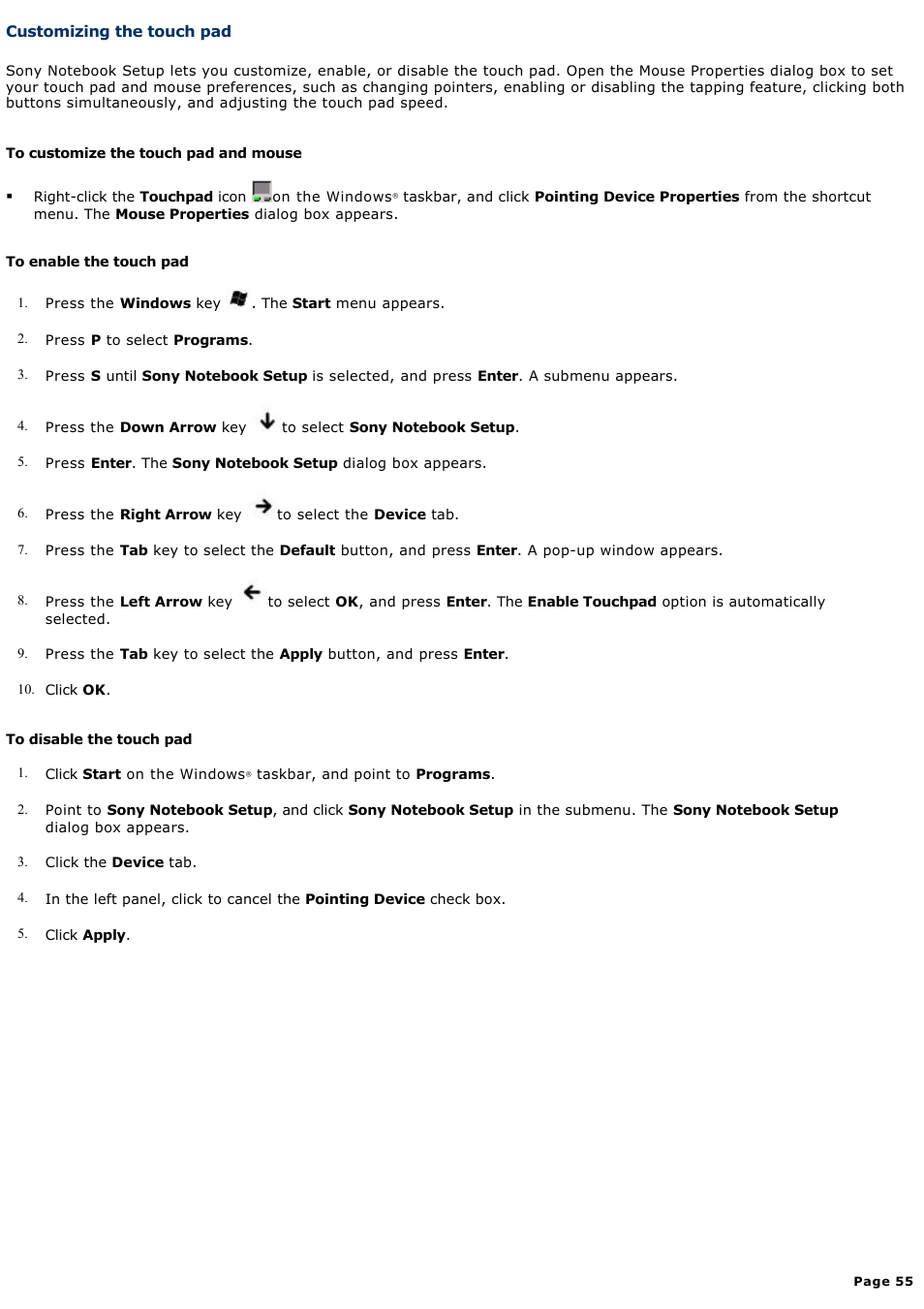 Customizing the touch pad | Sony PCG-GRX700K User Manual | Page 55 / 212