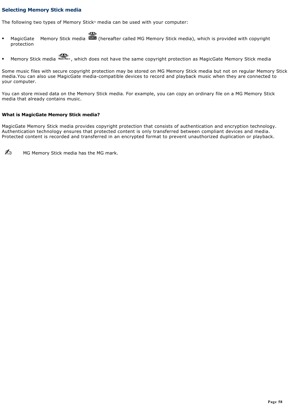 Selecting memory stick media | Sony PCG-GRX700K User Manual | Page 58 / 212