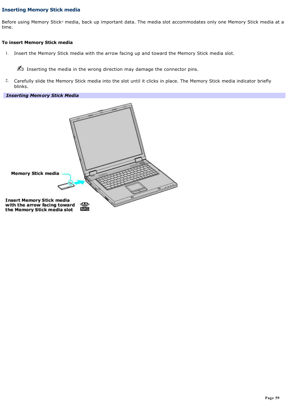 Inserting memory stick media | Sony PCG-GRX700K User Manual | Page 59 / 212