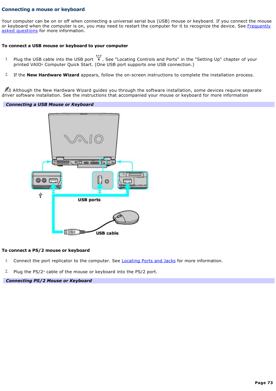 Connecting a mouse or keyboard | Sony PCG-GRX700K User Manual | Page 73 / 212