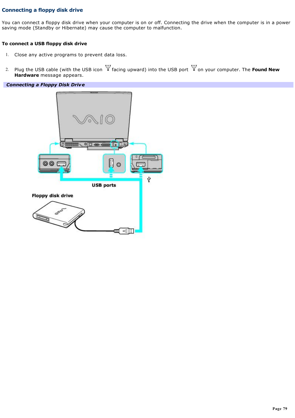 Connecting a floppy disk drive | Sony PCG-GRX700K User Manual | Page 79 / 212