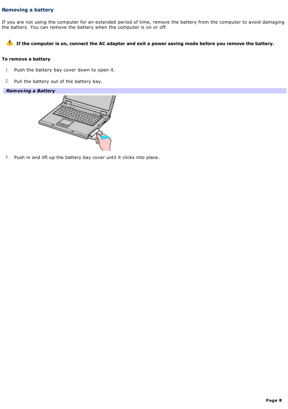 Removing a battery | Sony PCG-GRX700K User Manual | Page 8 / 212