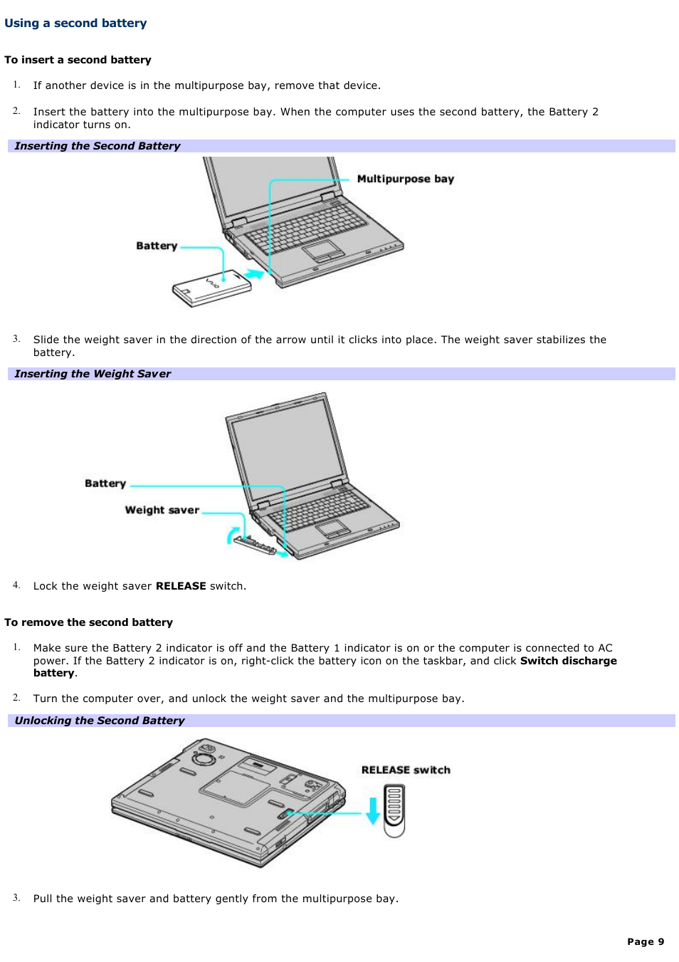 Using a second battery | Sony PCG-GRX700K User Manual | Page 9 / 212