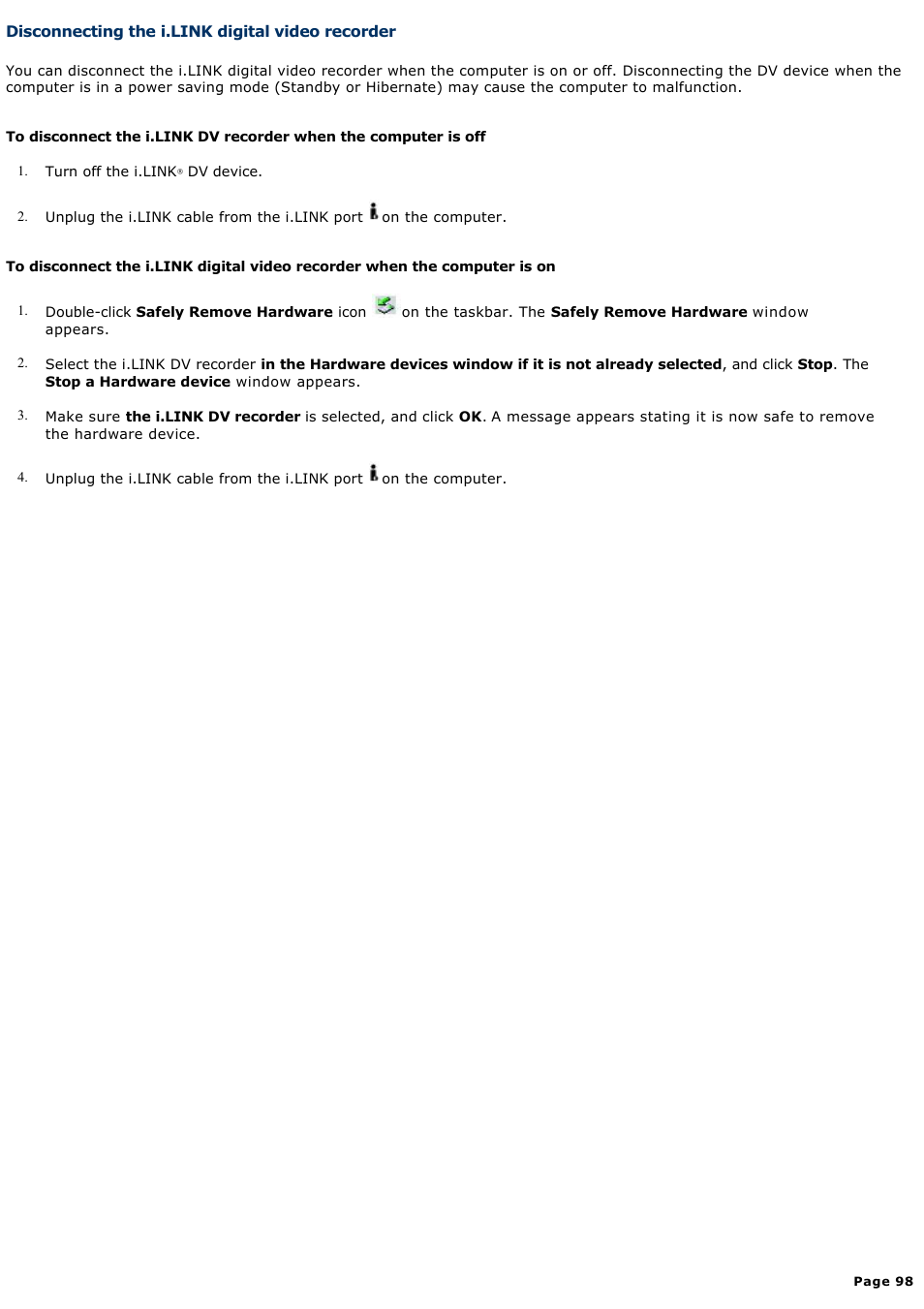 Disconnecting the i.link digital video recorder | Sony PCG-GRX700K User Manual | Page 98 / 212