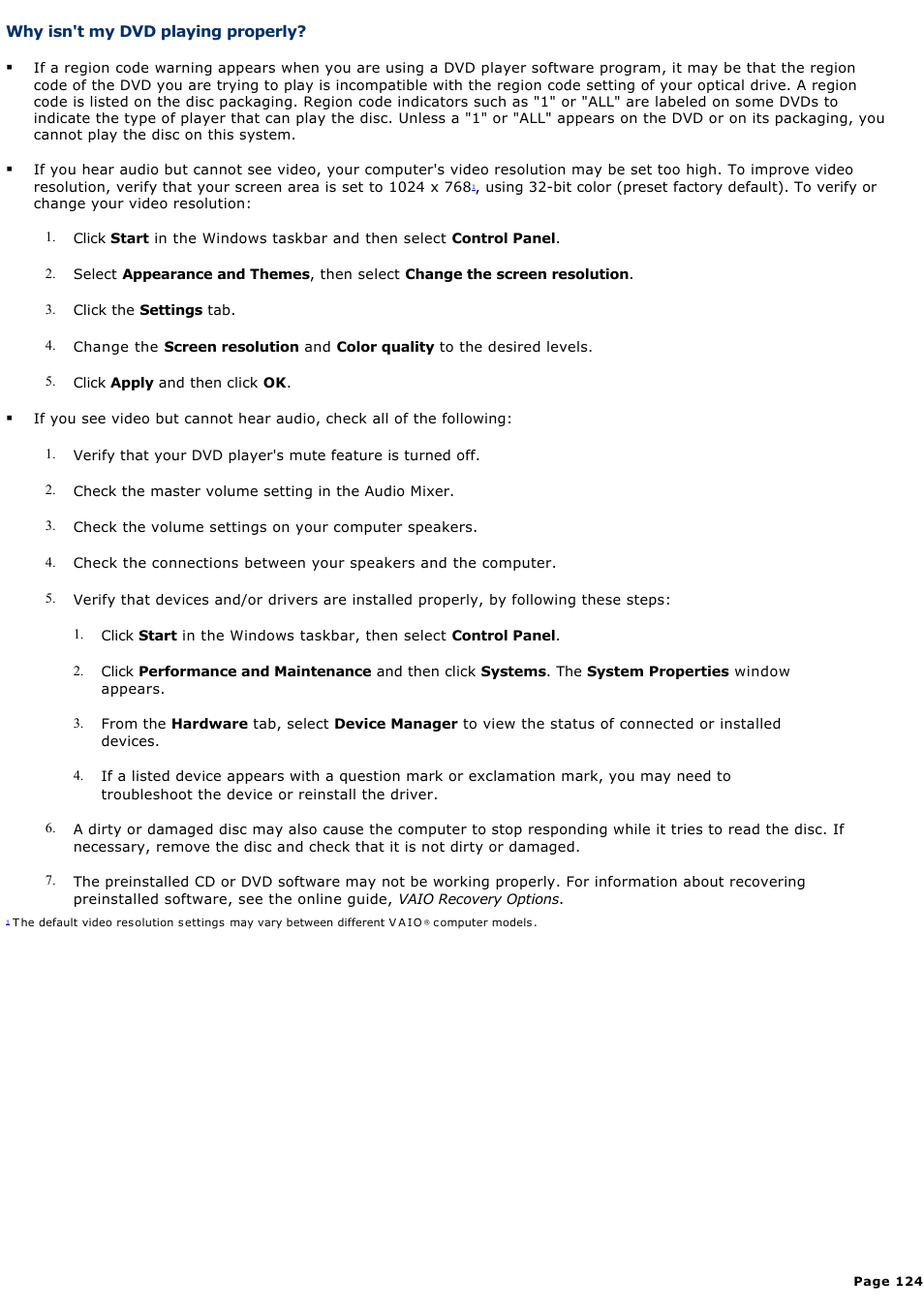 Why isn't my dvd playing properly | Sony PCV-RS613G User Manual | Page 124 / 182