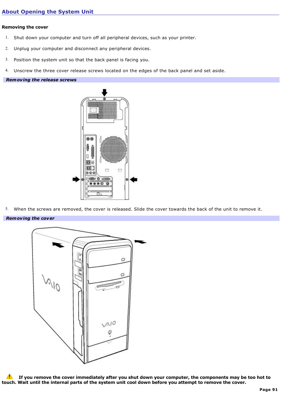 About opening the system unit | Sony PCV-RS613G User Manual | Page 91 / 182