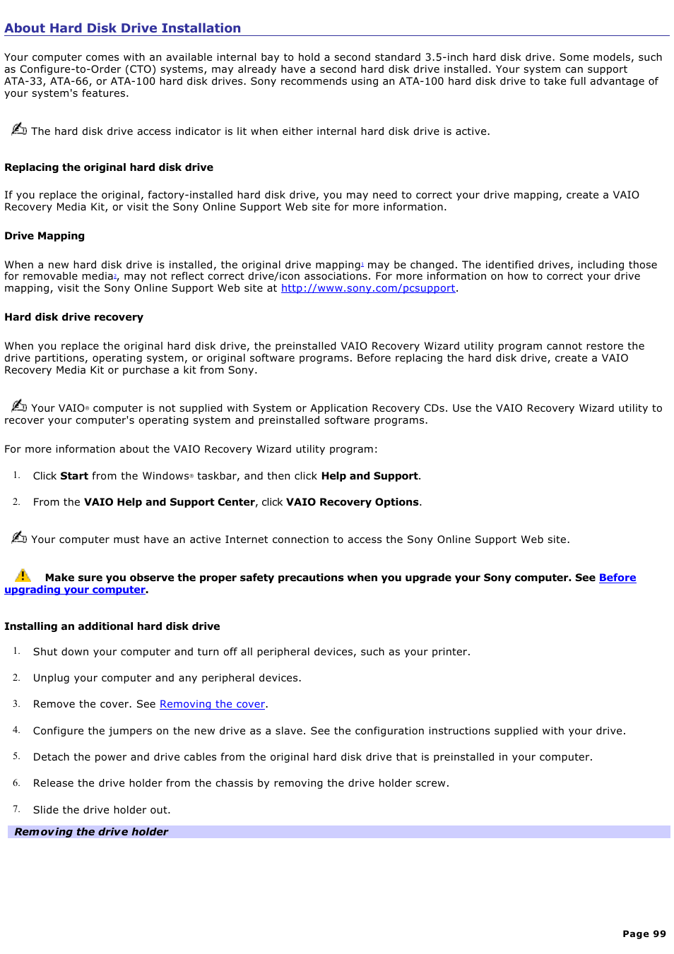 About hard disk drive installation | Sony PCV-RS613G User Manual | Page 99 / 182