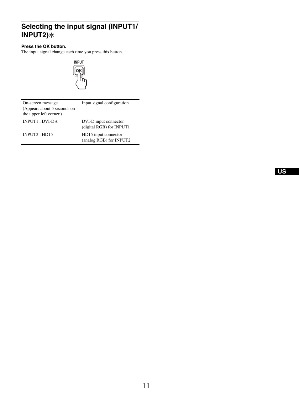 Selecting the input signal (input1/input2), Selecting the input signal (input1/ input2) | Sony SDM-S95ER User Manual | Page 11 / 97