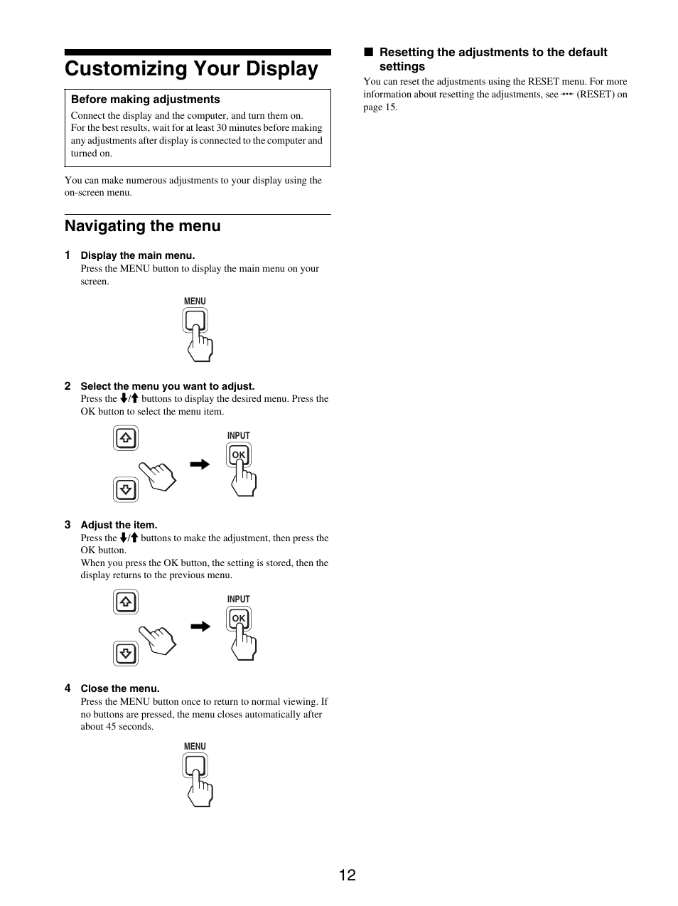 Customizing your display, Navigating the menu | Sony SDM-S95ER User Manual | Page 12 / 97