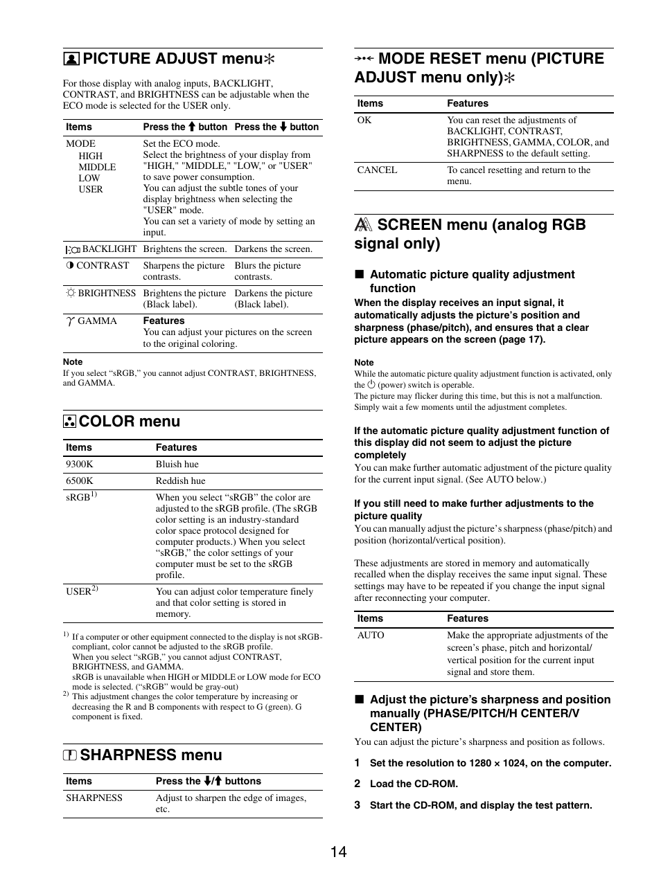 Picture adjust menu, Color menu, Sharpness menu | Mode reset menu (picture adjust menu only), Screen menu (analog rgb signal only), 0 mode reset menu (picture adjust menu only) | Sony SDM-S95ER User Manual | Page 14 / 97