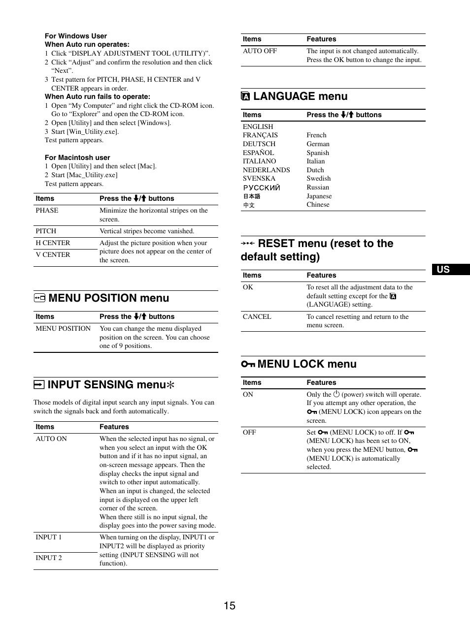 Menu position menu, Input sensing menu, Language menu | Reset menu (reset to the default setting), Menu lock menu, 0 reset menu (reset to the default setting), Menu position menu input sensing menu | Sony SDM-S95ER User Manual | Page 15 / 97