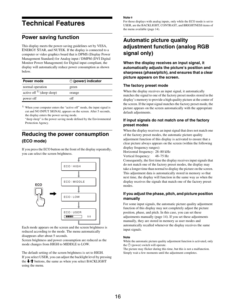 Technical features, Power saving function, Reducing the power consumption (eco mode) | Reducing the power consumption | Sony SDM-S95ER User Manual | Page 16 / 97