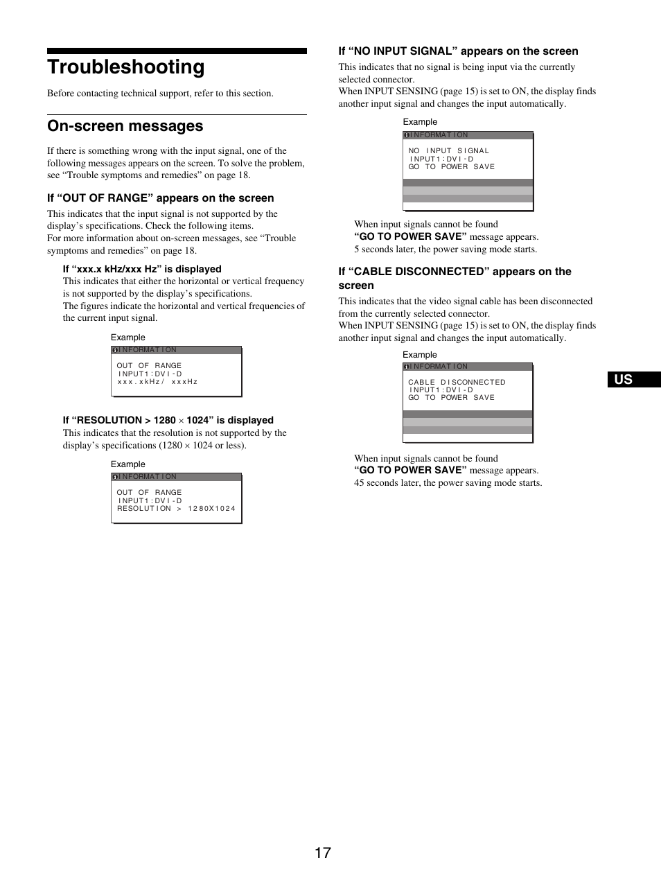 Troubleshooting, On-screen messages | Sony SDM-S95ER User Manual | Page 17 / 97