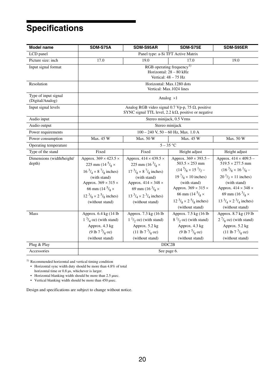 Specifications | Sony SDM-S95ER User Manual | Page 20 / 97