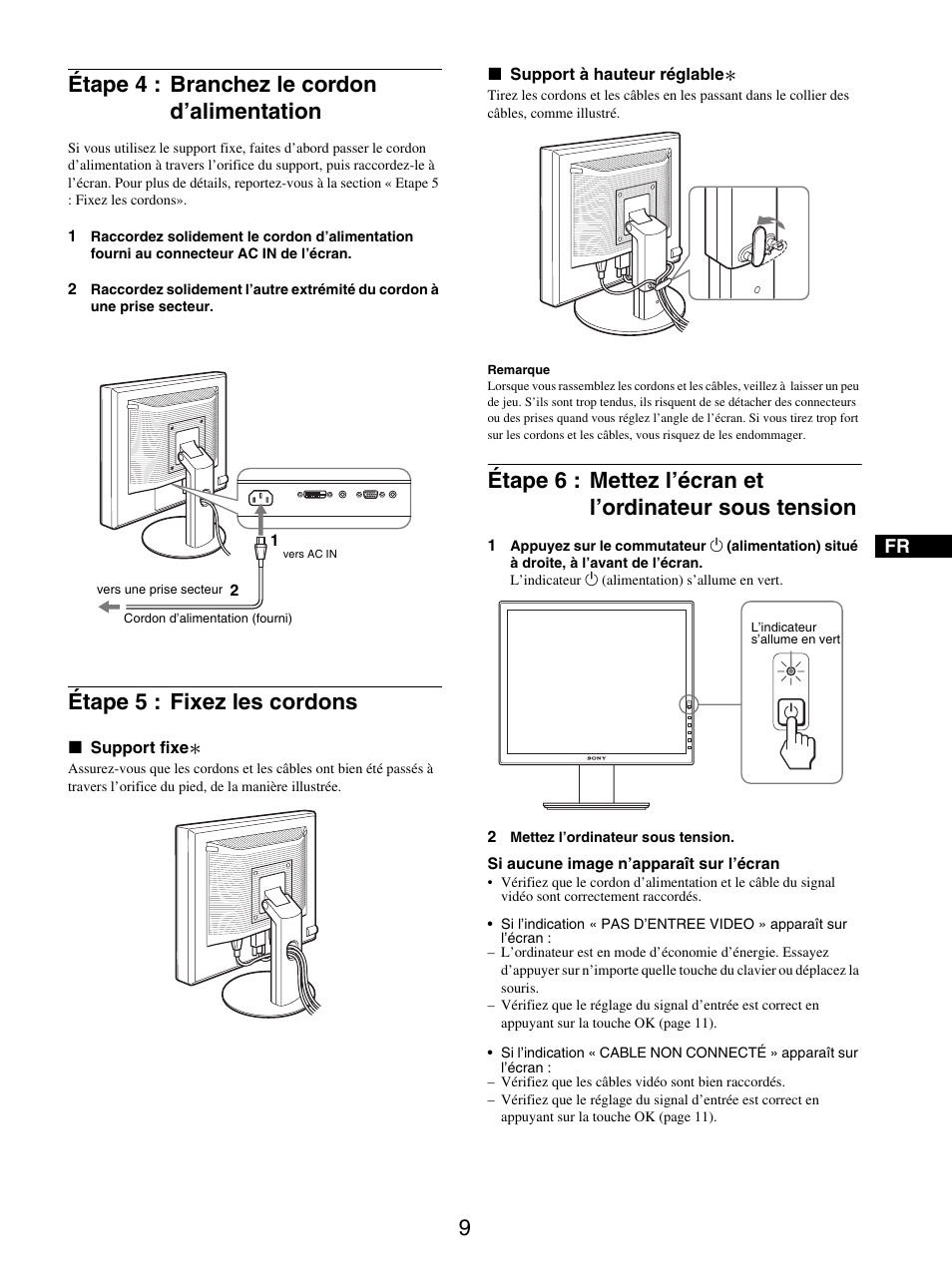 Étape 4 : branchez le cordon d’alimentation, Étape 5 : fixez les cordons | Sony SDM-S95ER User Manual | Page 33 / 97