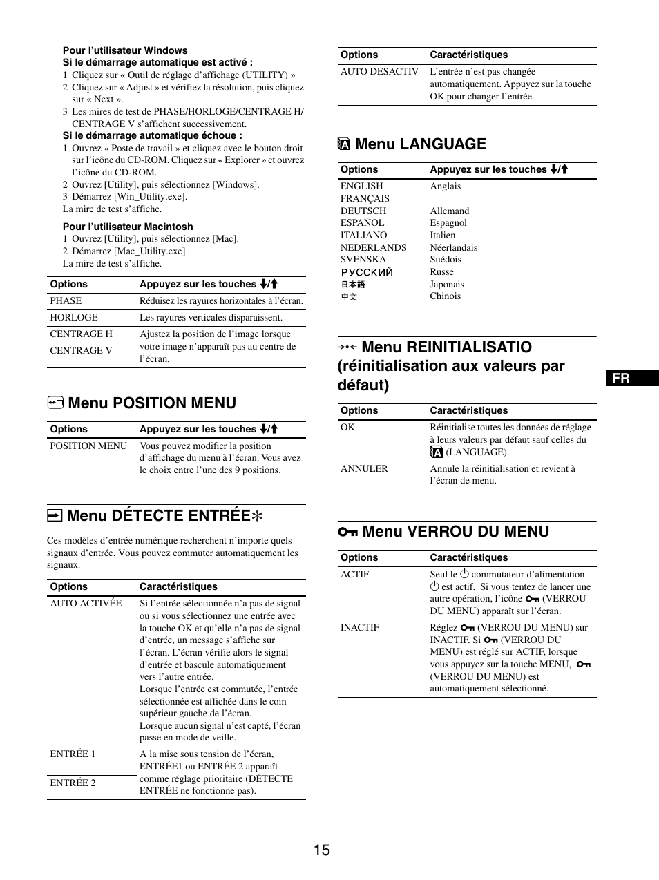 Menu position menu, Menu détecte entrée, Menu language | Menu verrou du menu, Menu position menu menu détecte entrée | Sony SDM-S95ER User Manual | Page 39 / 97