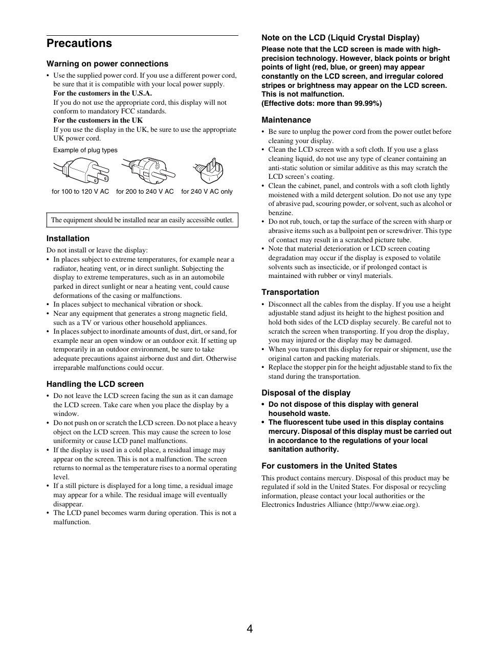 Precautions, 4precautions | Sony SDM-S95ER User Manual | Page 4 / 97