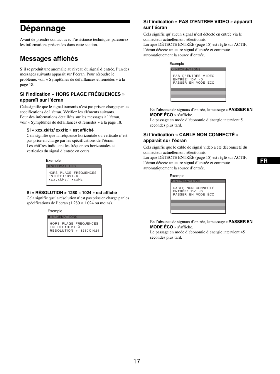 Dépannage, Messages affichés | Sony SDM-S95ER User Manual | Page 41 / 97