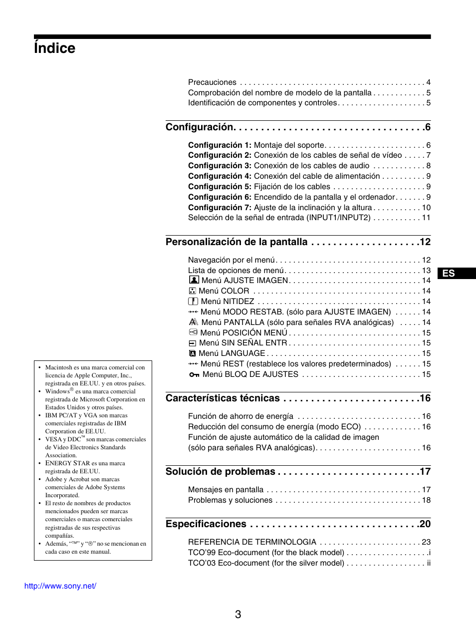 Índice, Configuración, Personalización de la pantalla | Características técnicas, Solución de problemas, Especificaciones | Sony SDM-S95ER User Manual | Page 51 / 97