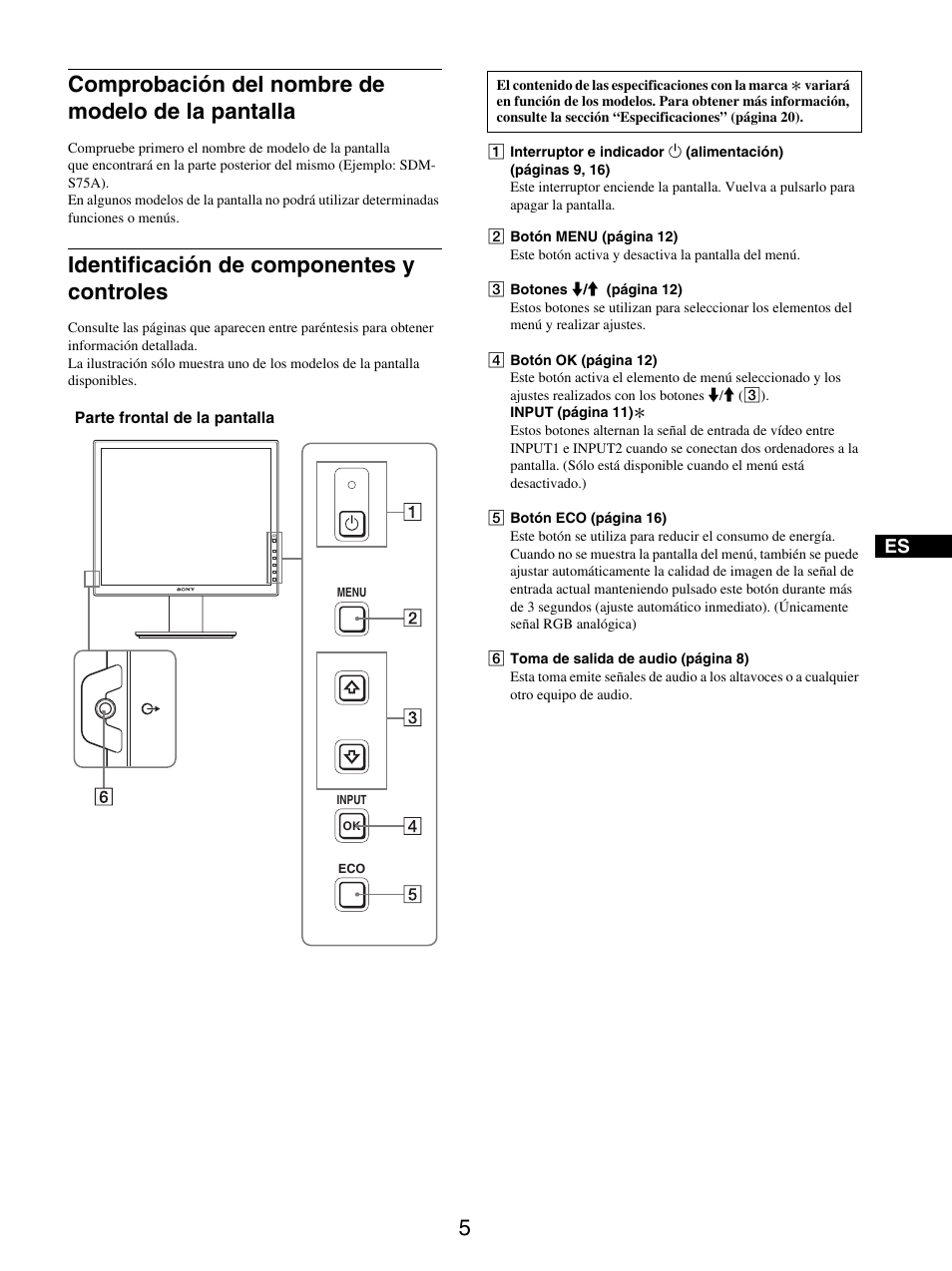 Comprobación del nombre de modelo de la pantalla, Identificación de componentes y controles | Sony SDM-S95ER User Manual | Page 53 / 97